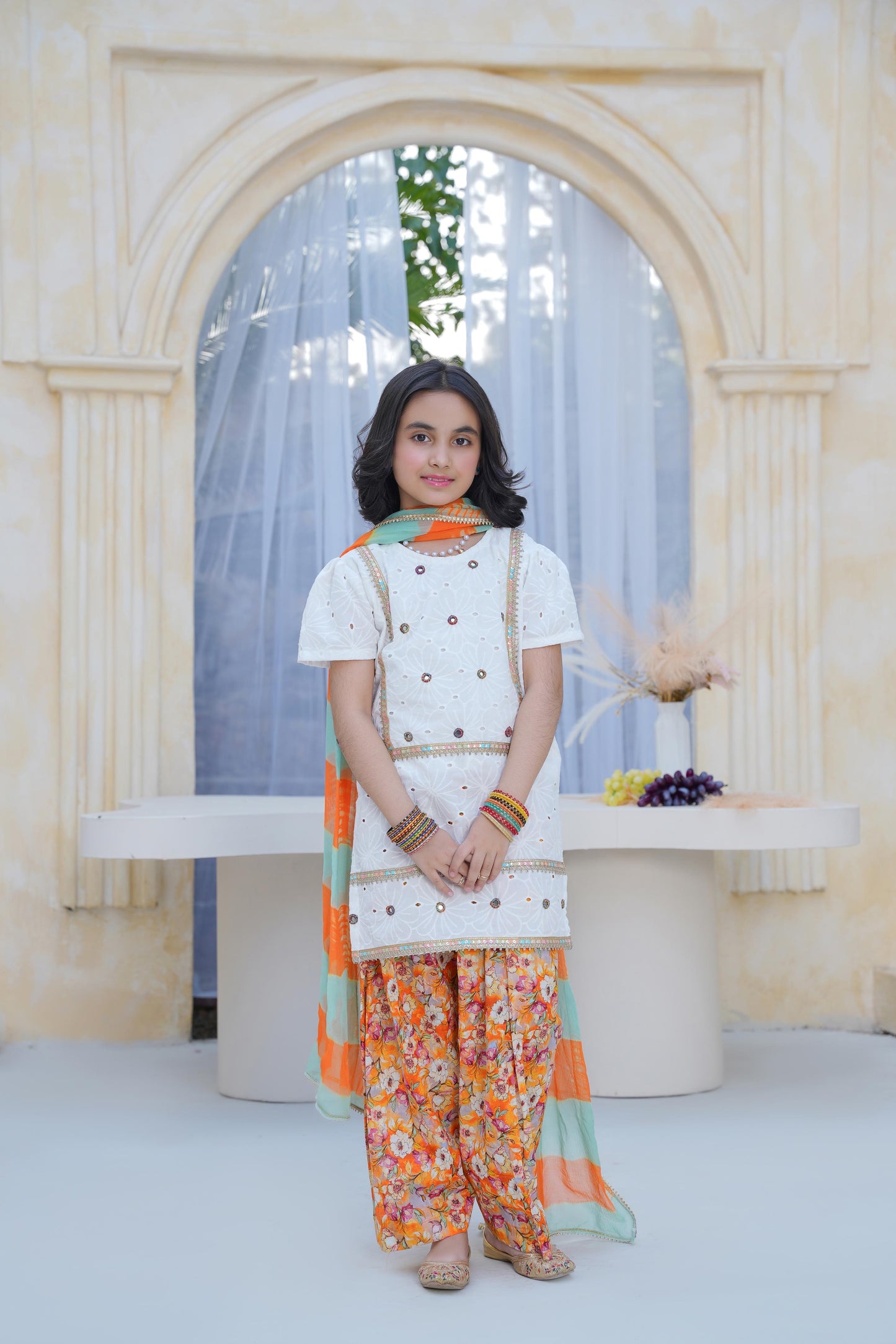 White chikankari with print