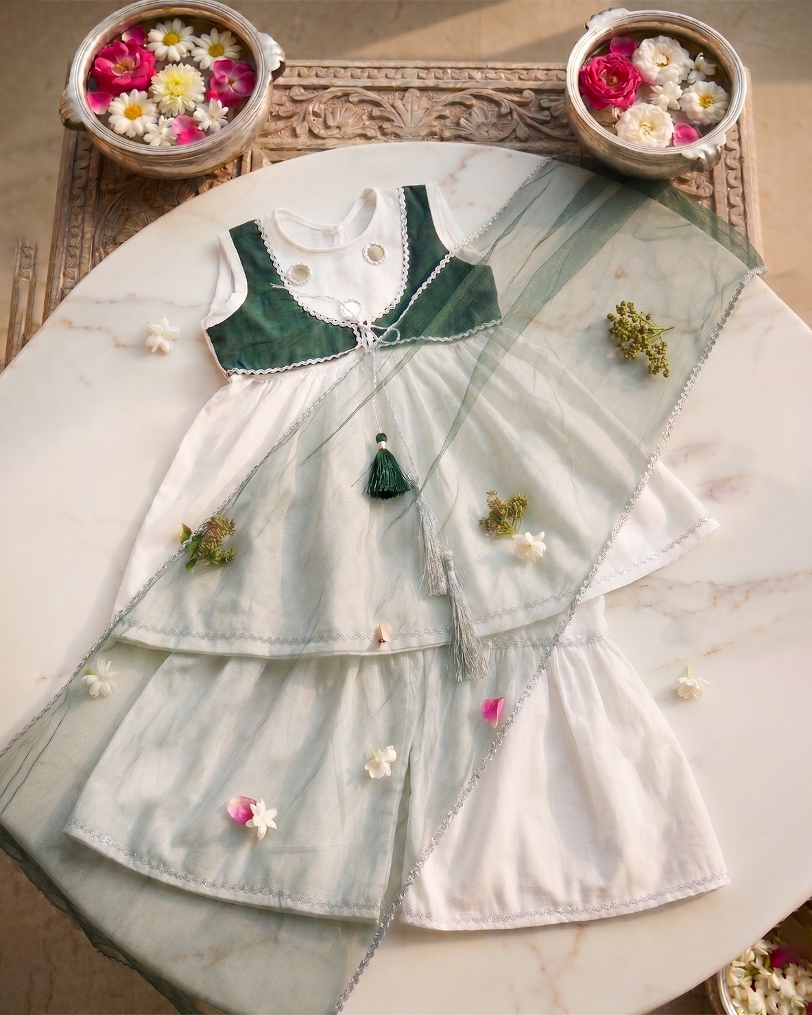 Girls White Ethnic Suit with Green Mirror-Work Koti
