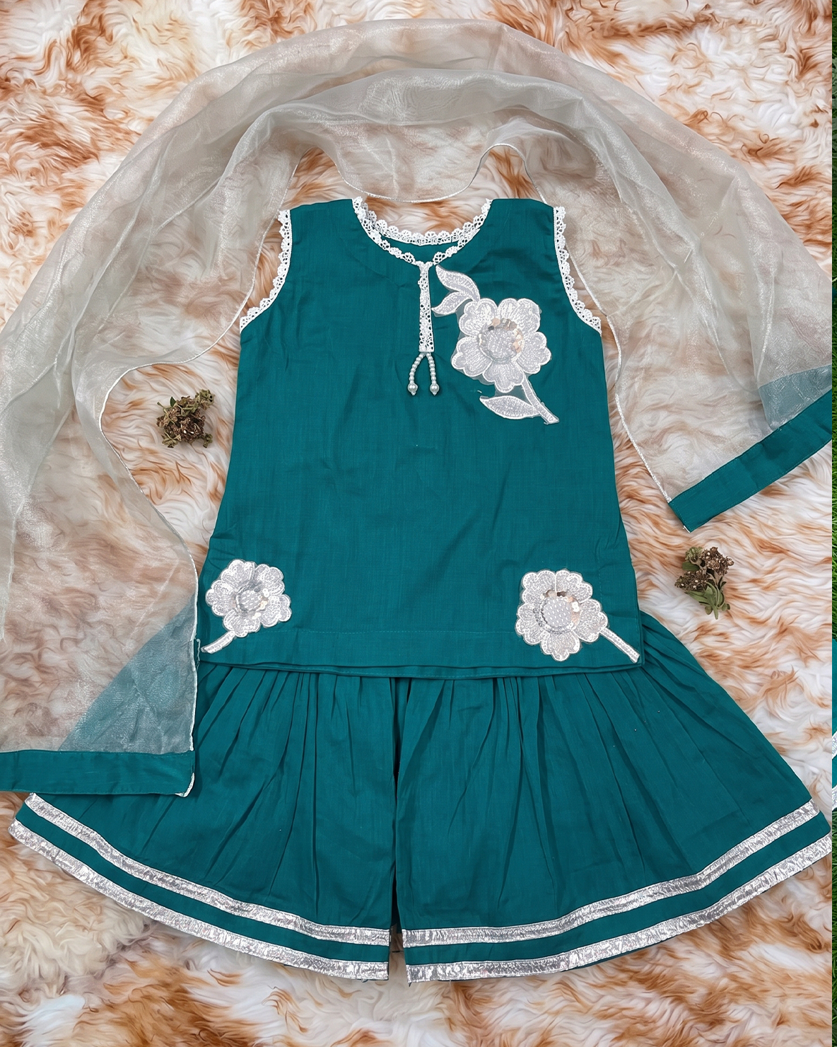 Girls Teal Green Floral Applique Sharara Suit