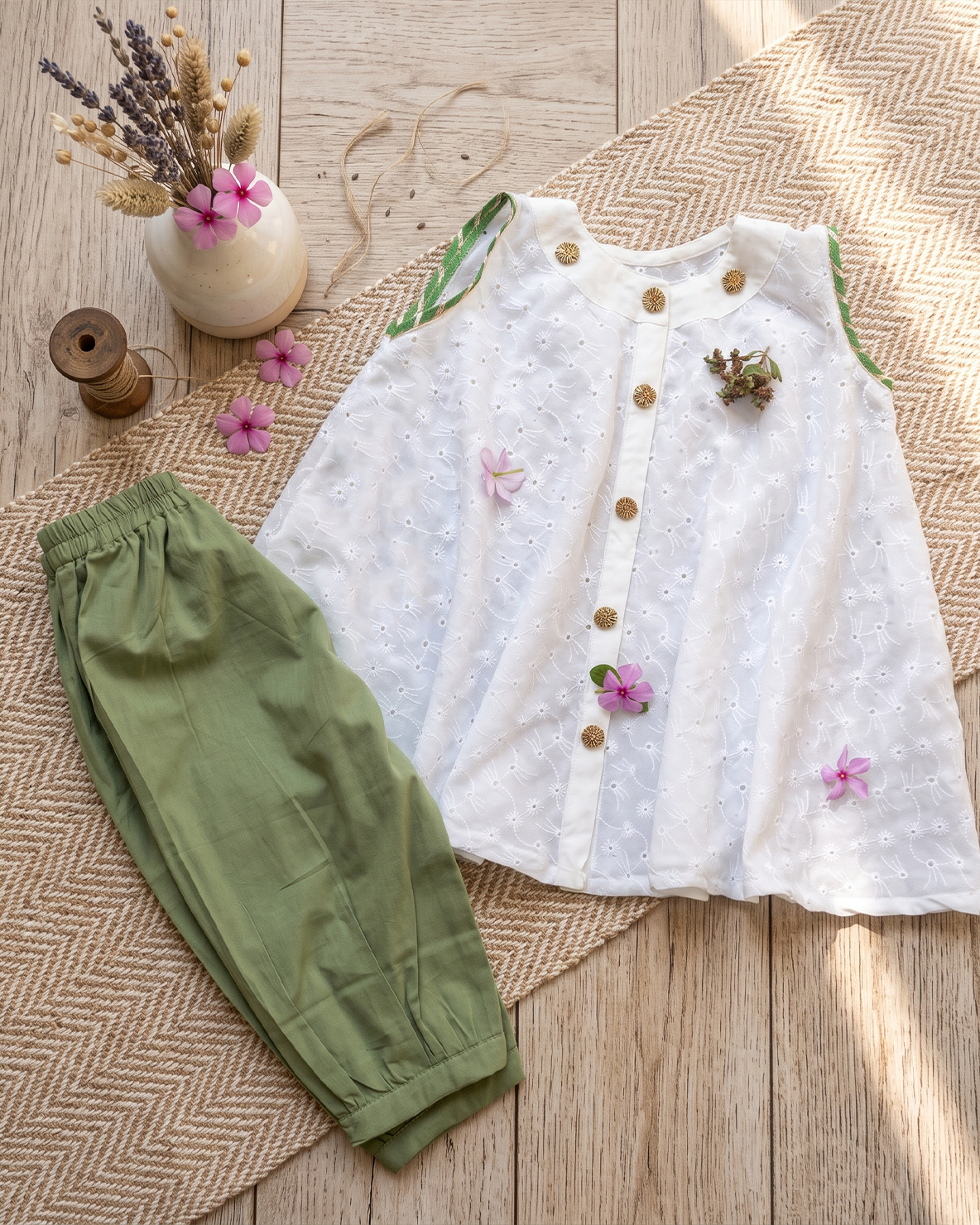 Girl White Sleeveless Kurti & Green Trouser Set