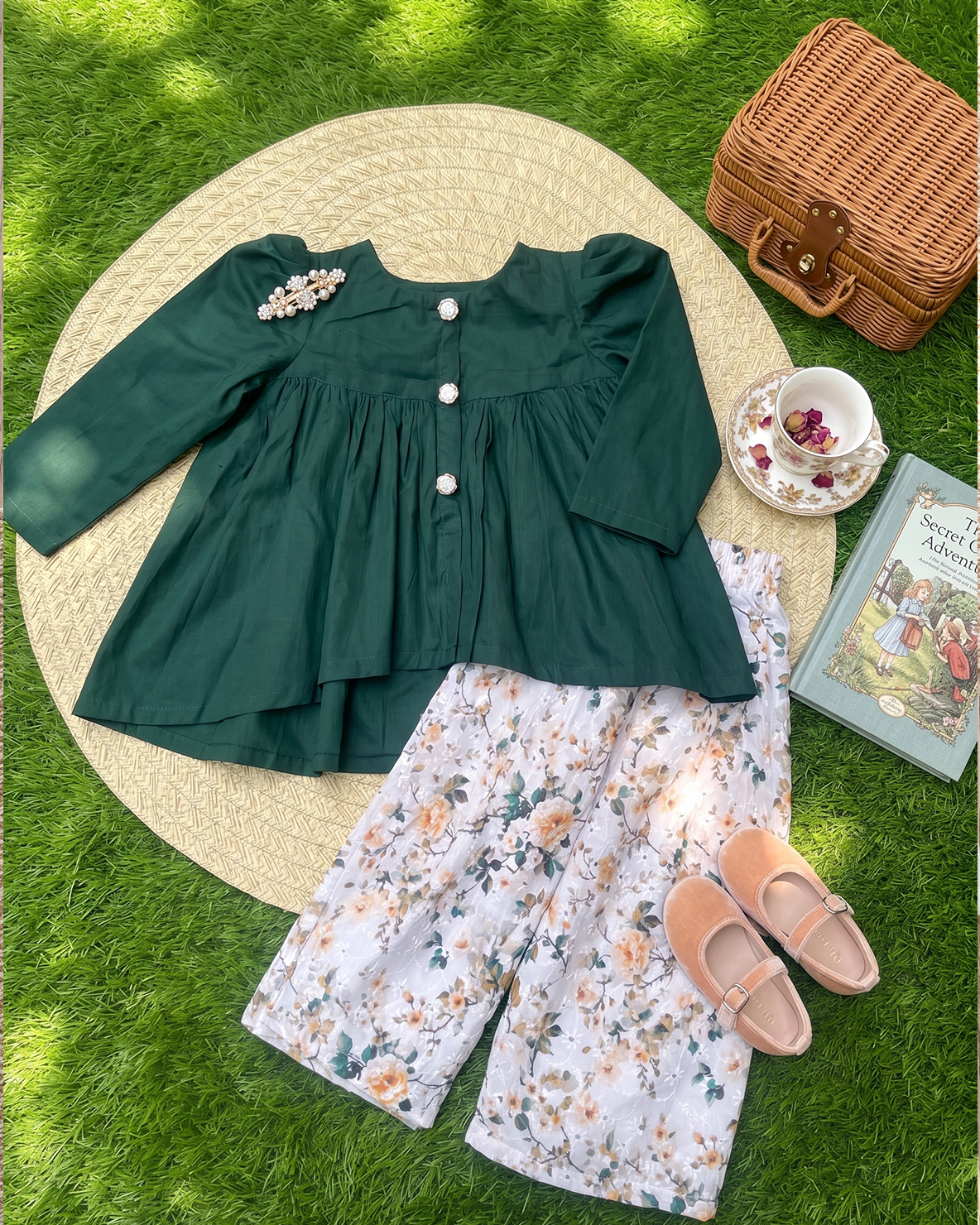 Girls Emerald Green Peplum Top with Floral Palazzo