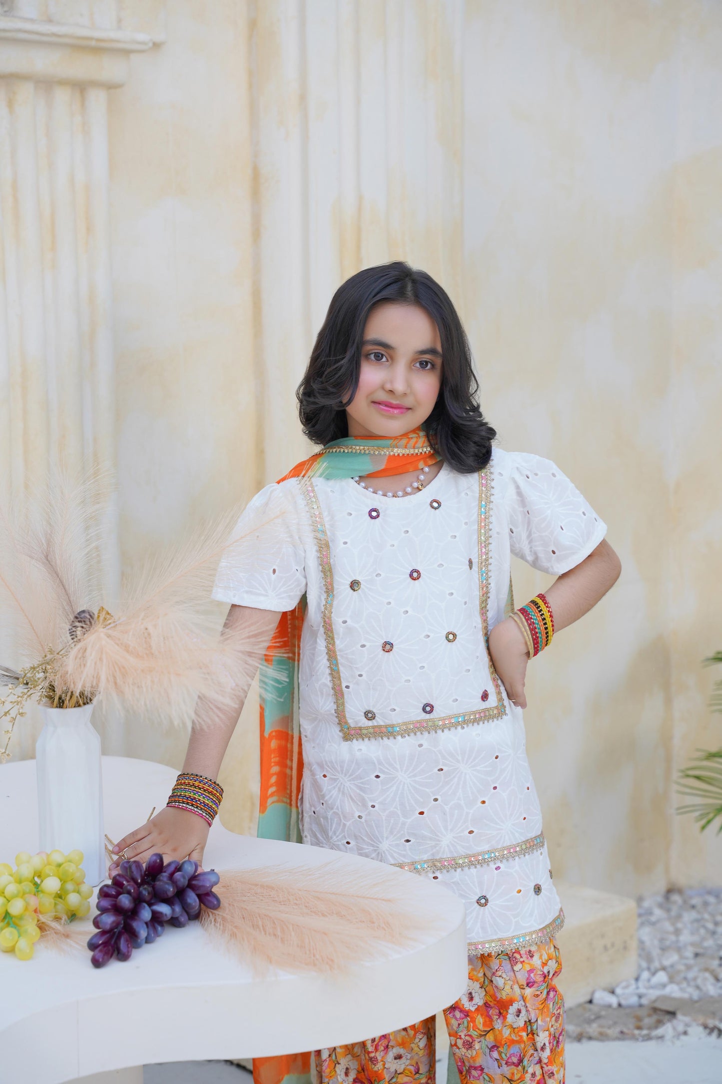 White chikankari with print