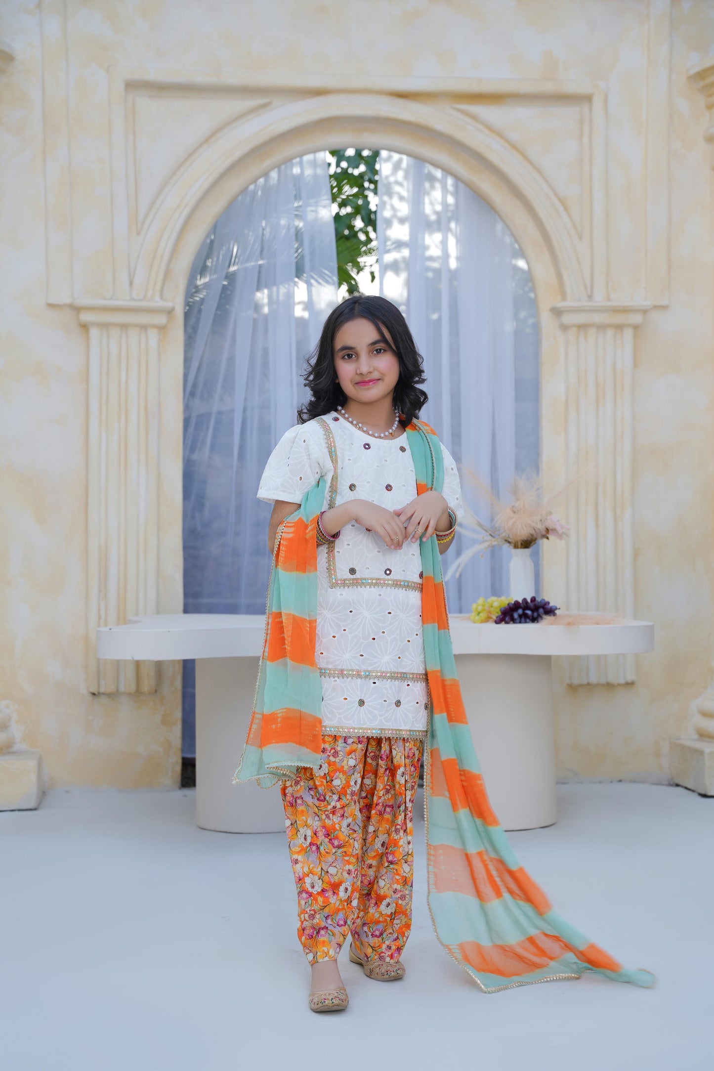 White chikankari with print