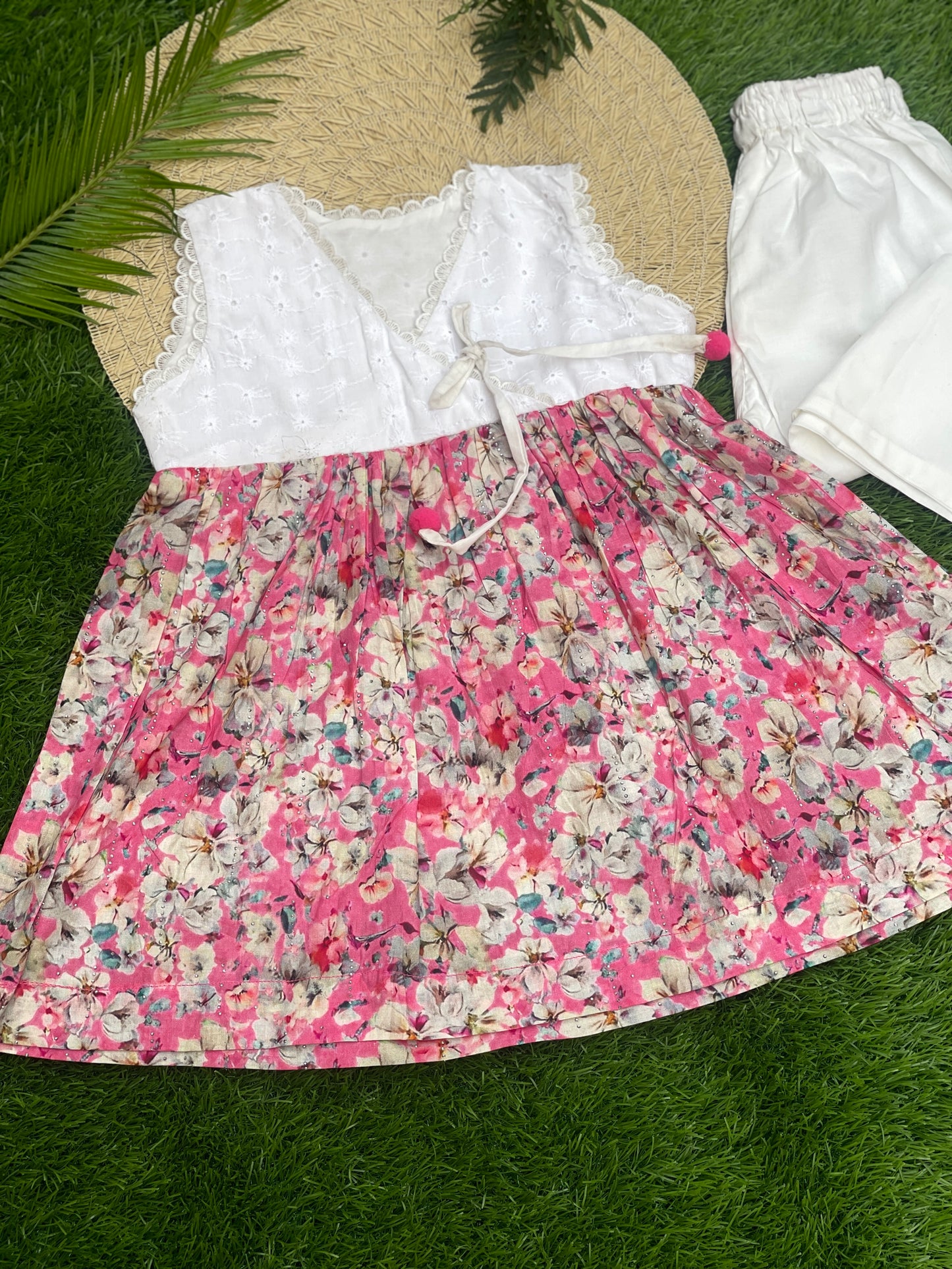 Summer Bloom: Pink Floral Frock with White Chikankari Bodice & Trouser