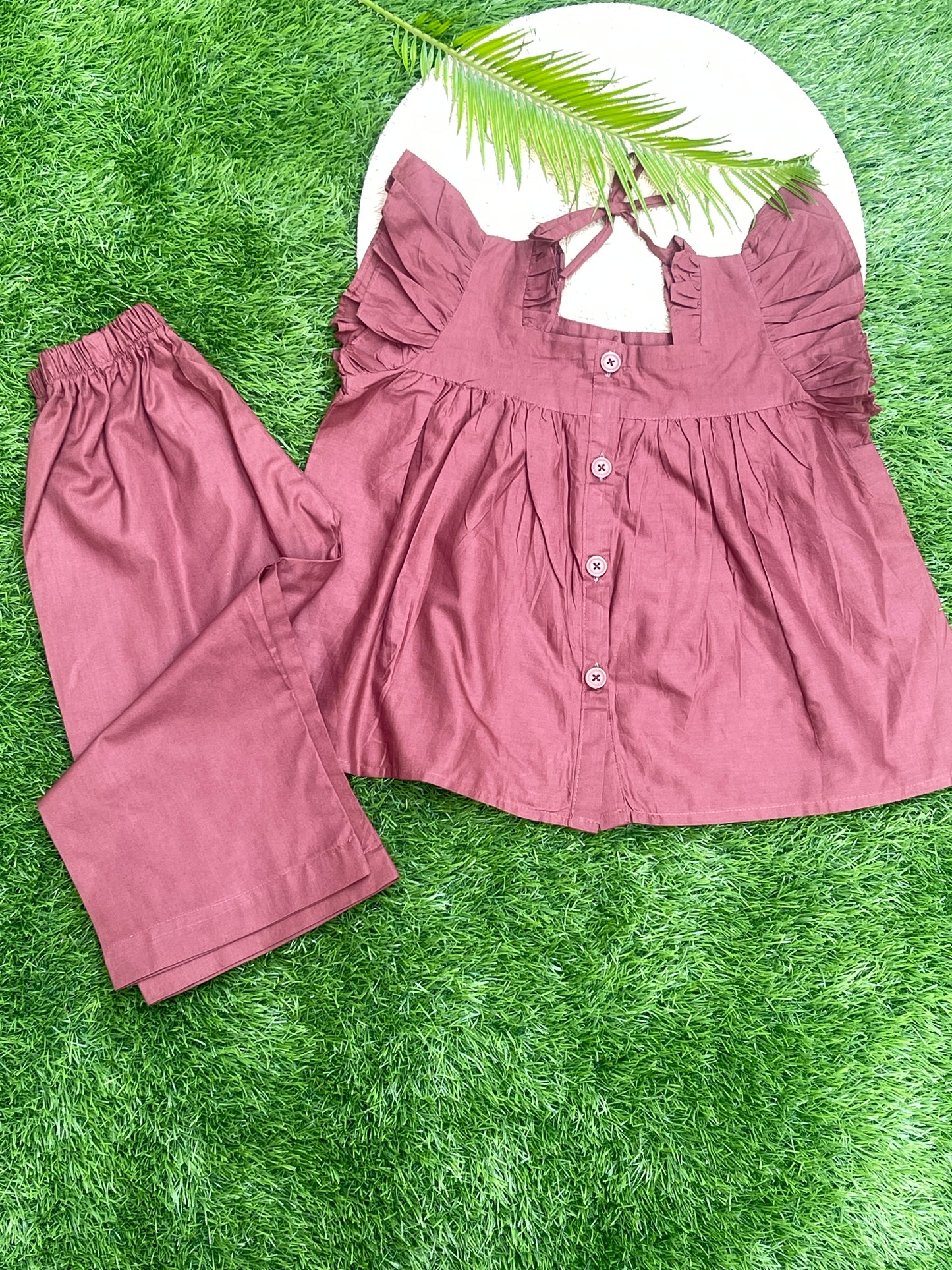 Maroon Ruffle-Sleeve Button-Down Co-ord Set