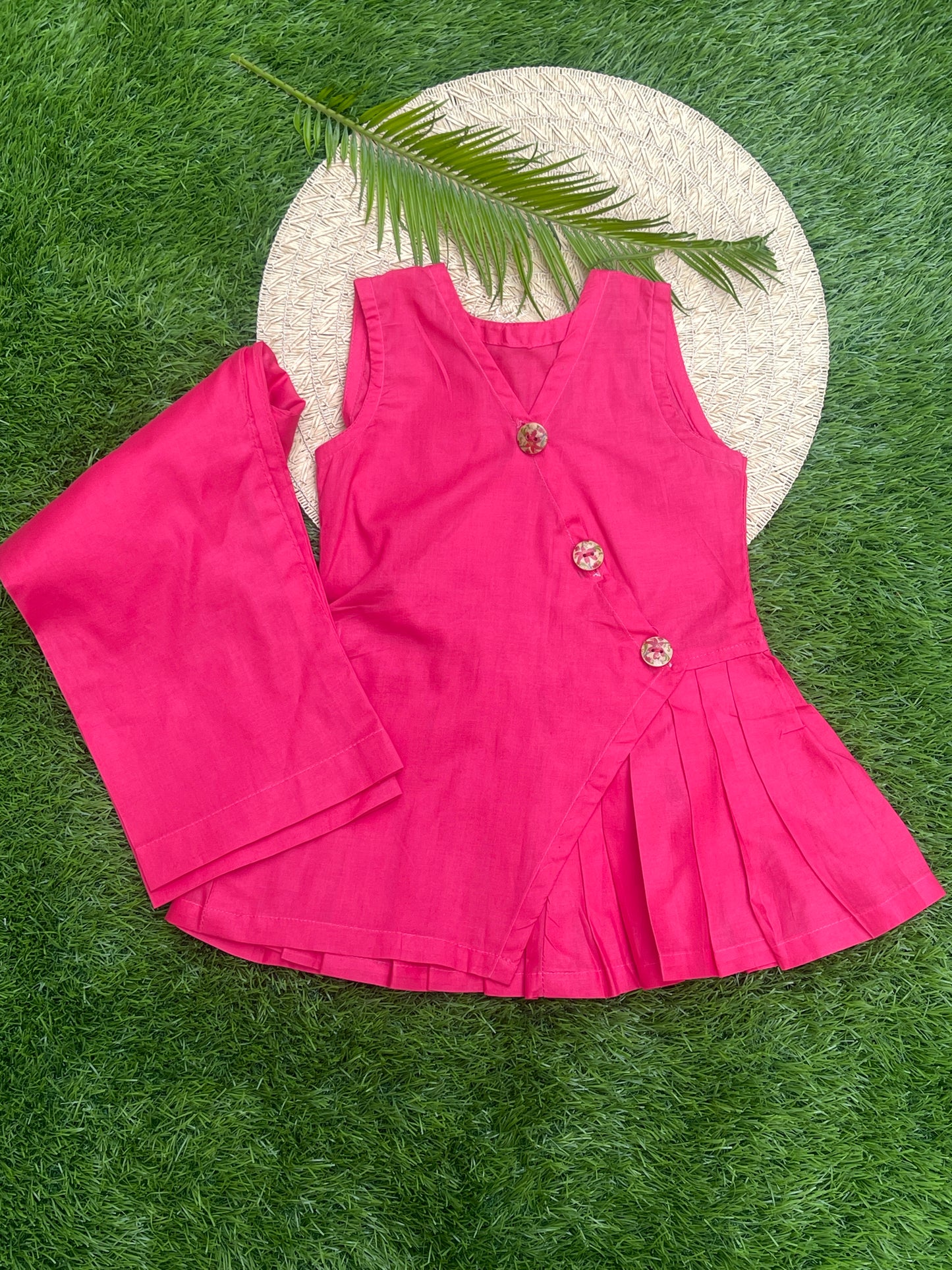 Vibrant Pink Angrakha-Style Pleated Top & Trouser Set