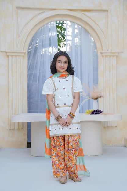 White chikankari with print