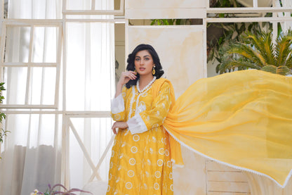 Mustured  chikankari Lawn 3-Piece Suit With Chiffon Dupatta