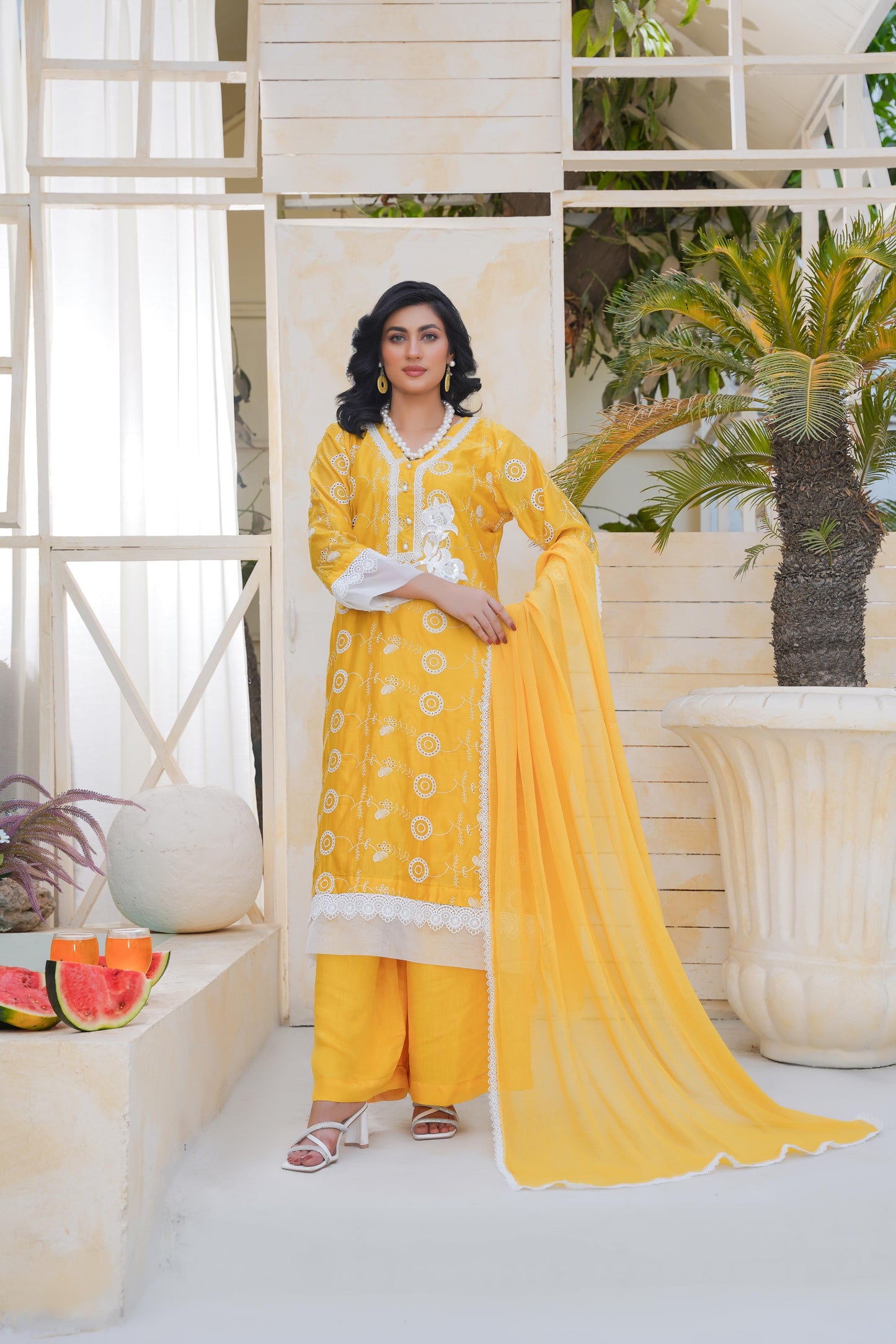Mustured  chikankari Lawn 3-Piece Suit With Chiffon Dupatta