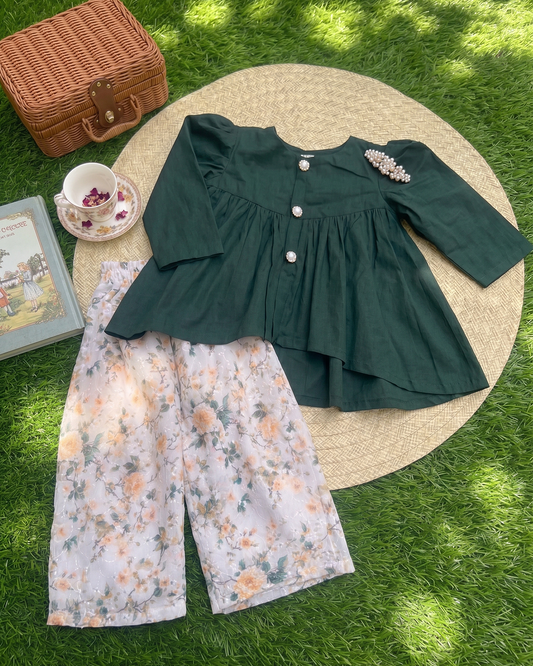 Girls Emerald Green Peplum Top with Floral Palazzo