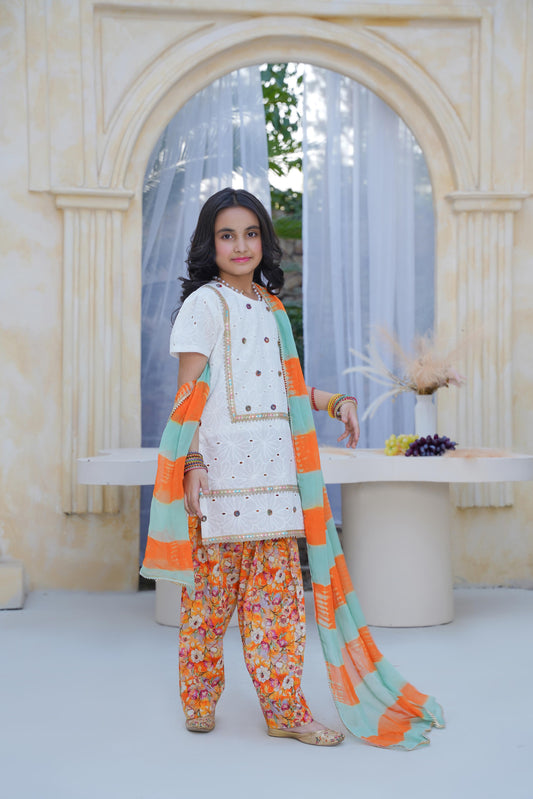 White chikankari with print