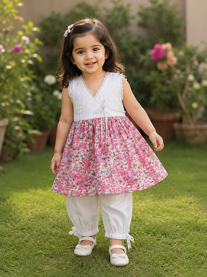 Summer Bloom: Pink Floral Frock with White Chikankari Bodice & Trouser