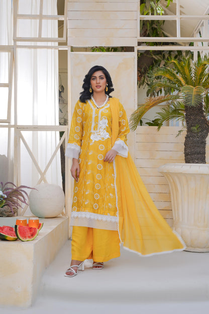 Mustured  chikankari Lawn 3-Piece Suit With Chiffon Dupatta