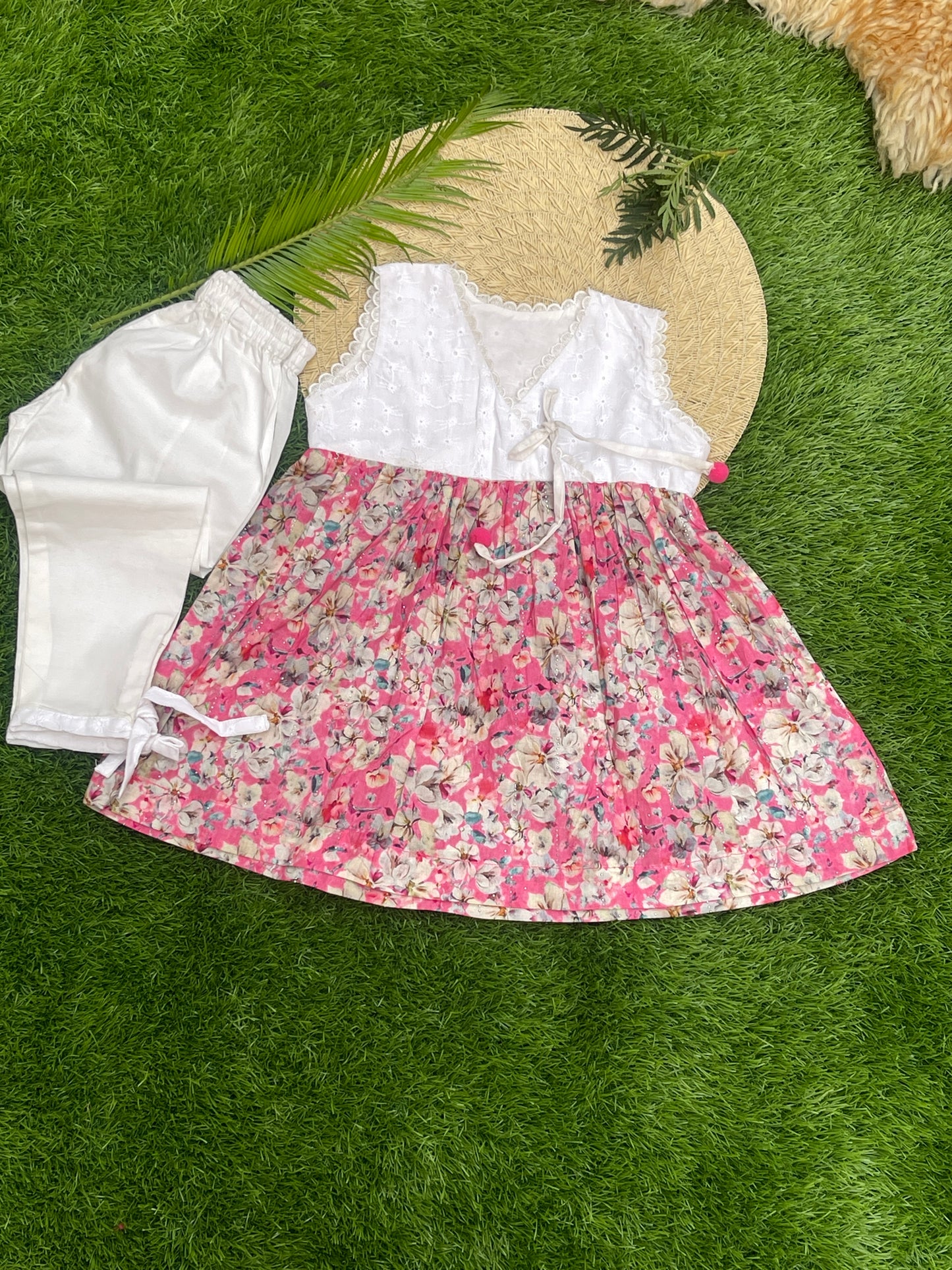 Summer Bloom: Pink Floral Frock with White Chikankari Bodice & Trouser