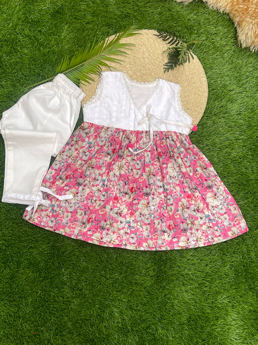 Summer Bloom: Pink Floral Frock with White Chikankari Bodice & Trouser