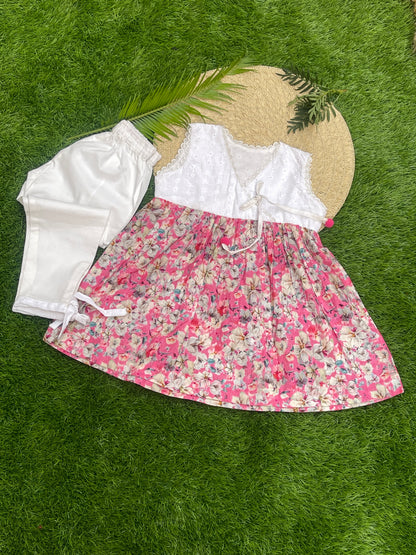 Summer Bloom: Pink Floral Frock with White Chikankari Bodice & Trouser