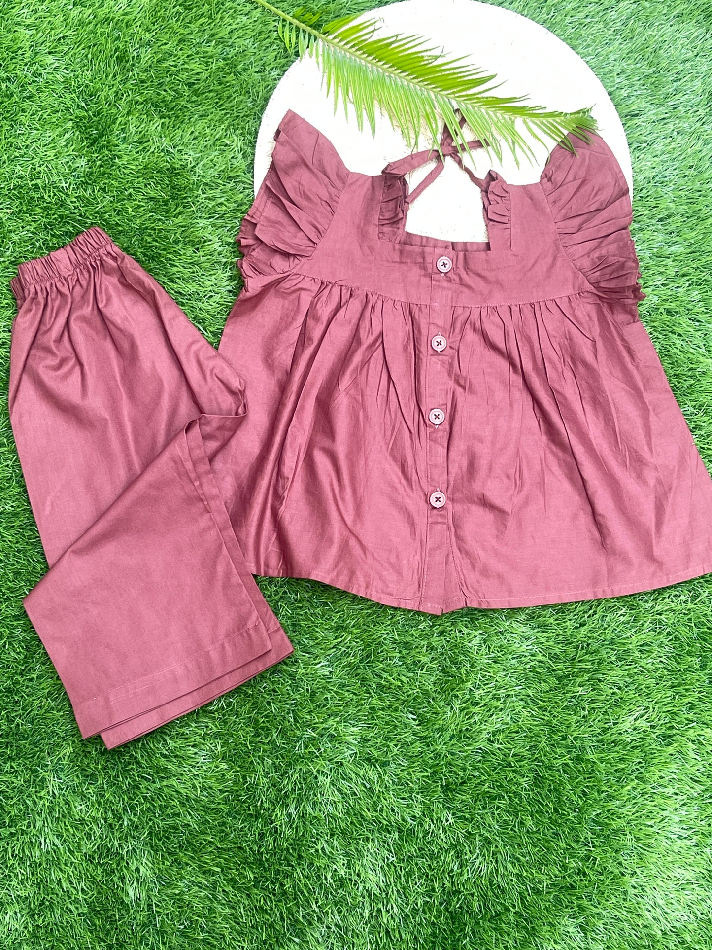 Maroon Ruffle-Sleeve Button-Down Co-ord Set