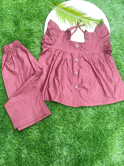 Maroon Ruffle-Sleeve Button-Down Co-ord Set
