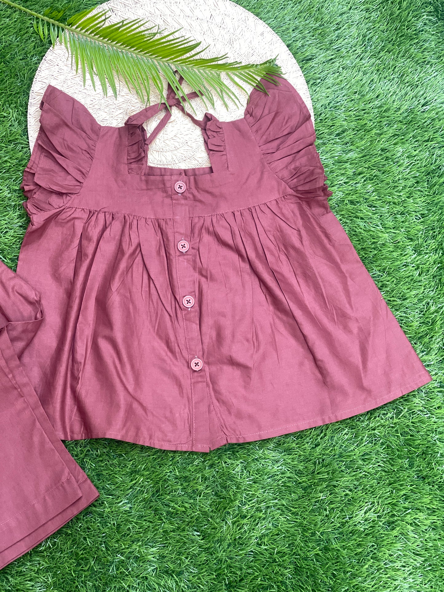 Maroon Ruffle-Sleeve Button-Down Co-ord Set