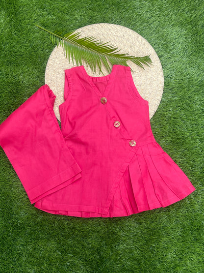 Vibrant Pink Angrakha-Style Pleated Top & Trouser Set