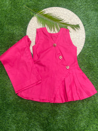Vibrant Pink Angrakha-Style Pleated Top & Trouser Set