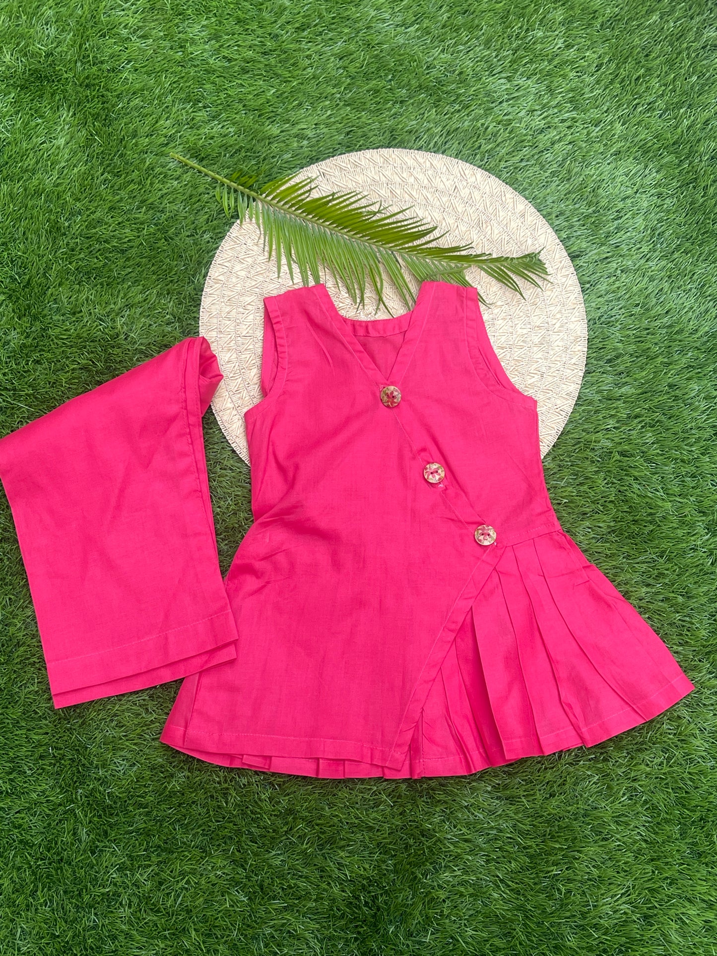 Vibrant Pink Angrakha-Style Pleated Top & Trouser Set