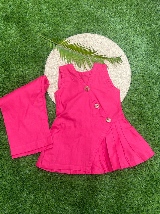 Vibrant Pink Angrakha-Style Pleated Top & Trouser Set