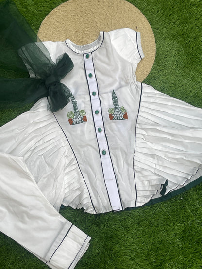 Azadi Special: White Embroidered Pleated Frock with Green Net Detailing