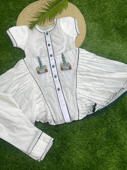 Azadi Special: White Embroidered Pleated Frock with Green Net Detailing