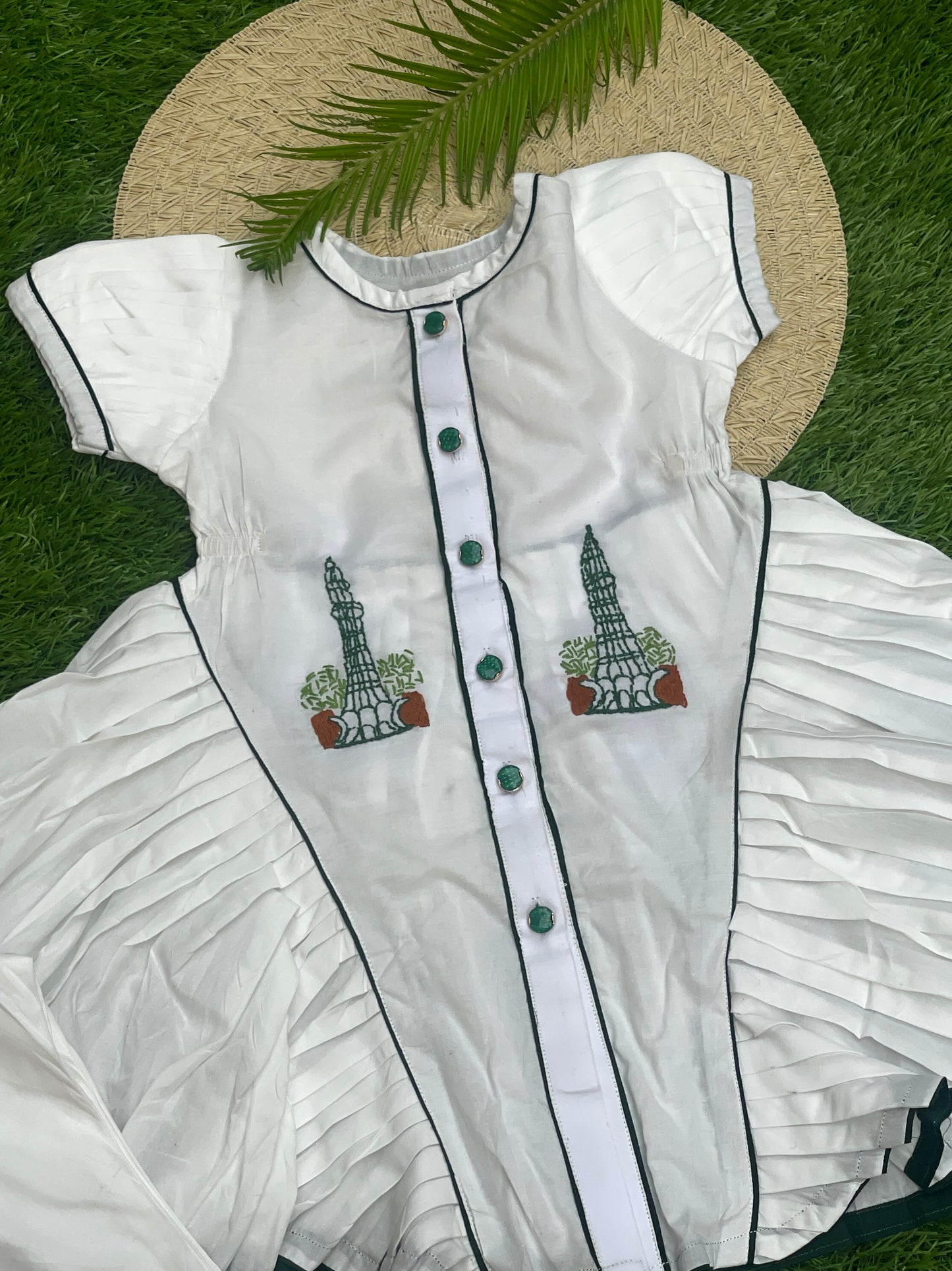 Azadi Special: White Embroidered Pleated Frock with Green Net Detailing