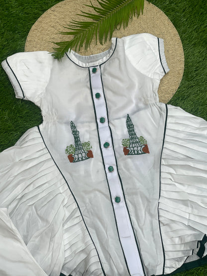 Azadi Special: White Embroidered Pleated Frock with Green Net Detailing