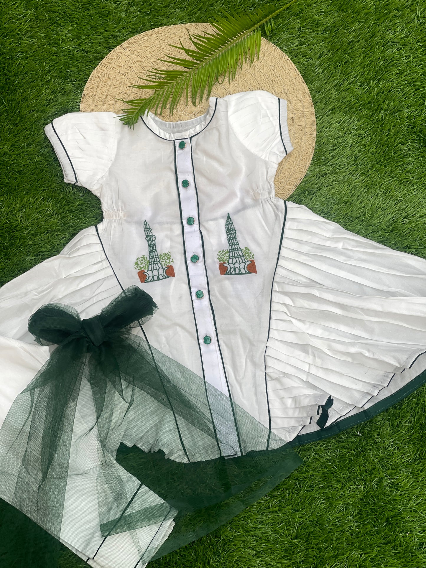 Azadi Special: White Embroidered Pleated Frock with Green Net Detailing