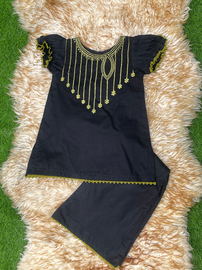 Elegant Black & Lime Green Embroidered 2-Piece Suit