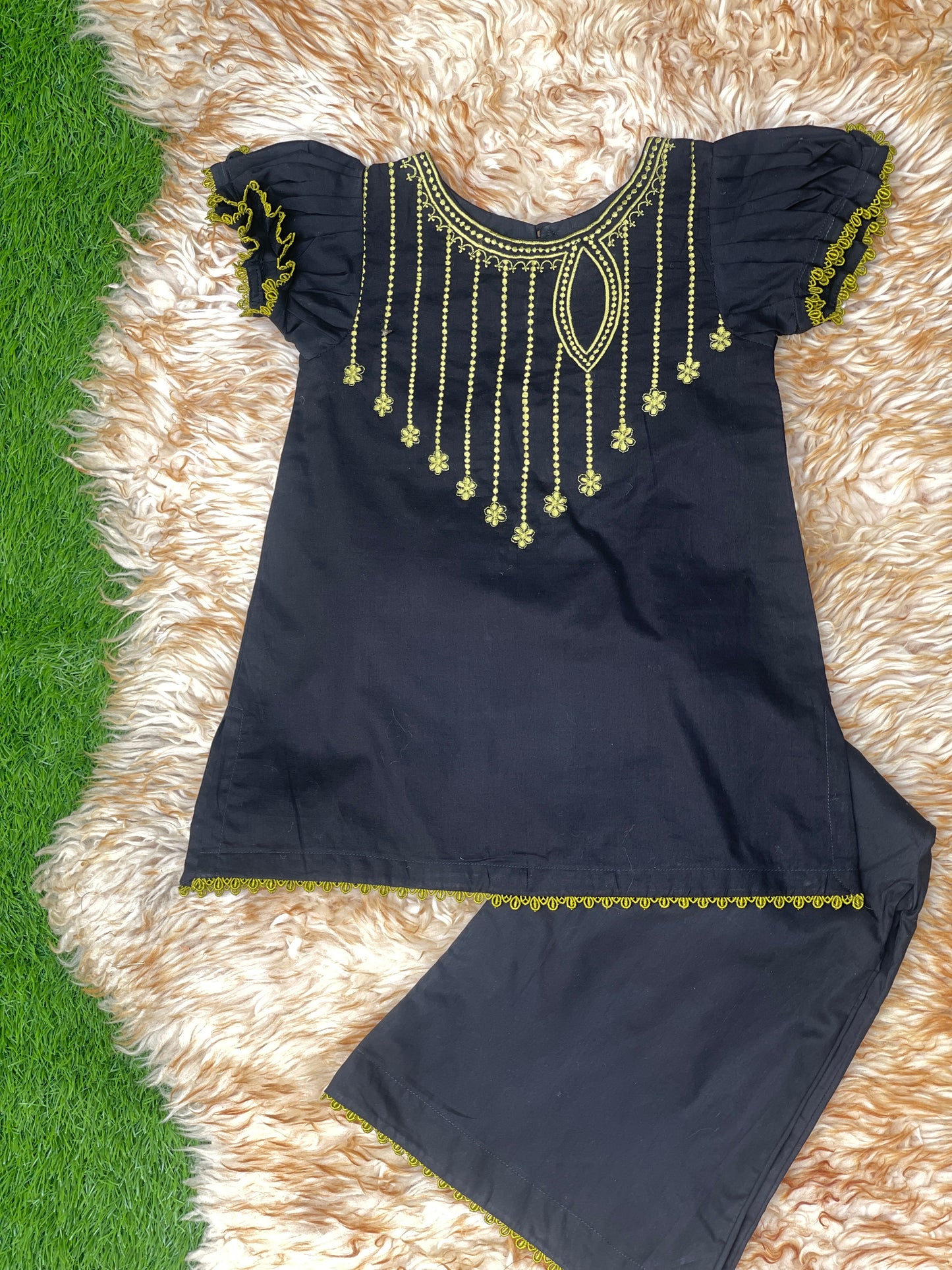 Elegant Black & Lime Green Embroidered 2-Piece Suit
