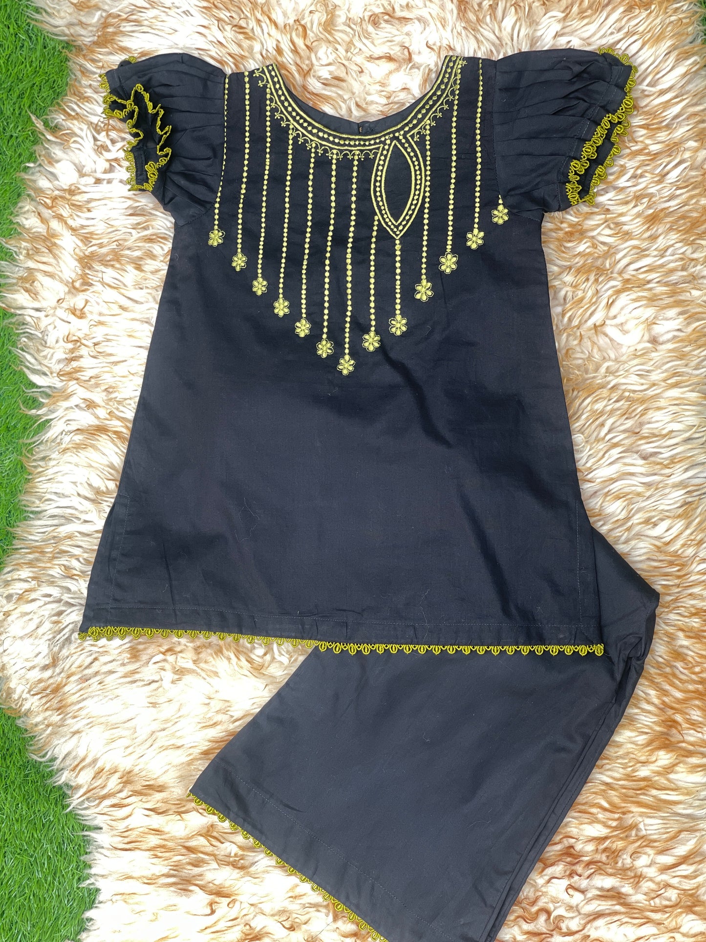 Elegant Black & Lime Green Embroidered 2-Piece Suit