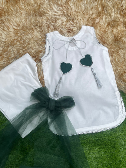 14 August Edition: White Sleeveless Suit with Green Heart Tassels & Net Dupatta