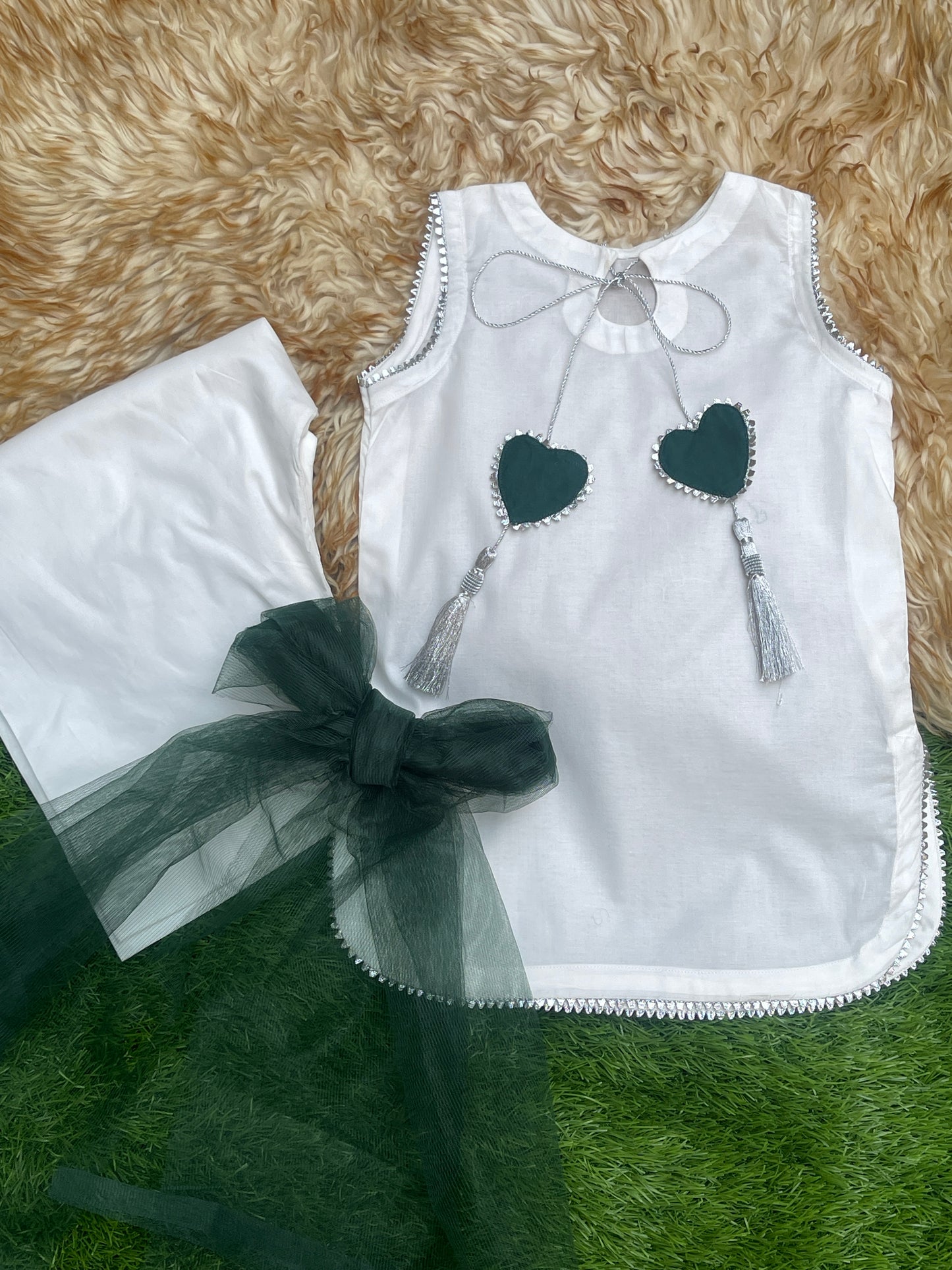 14 August Edition: White Sleeveless Suit with Green Heart Tassels & Net Dupatta