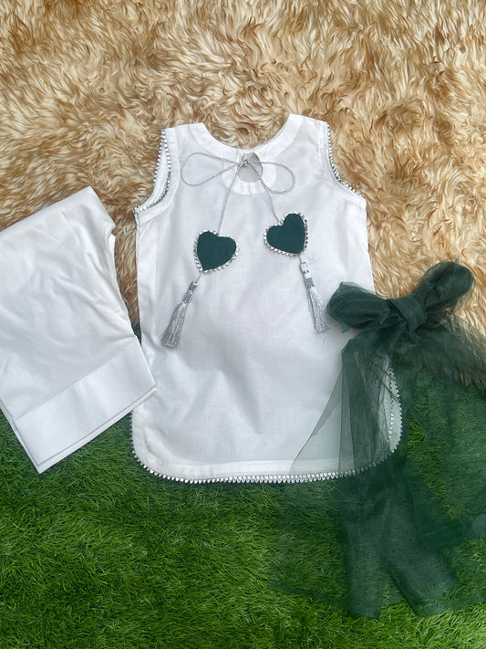 14 August Edition: White Sleeveless Suit with Green Heart Tassels & Net Dupatta