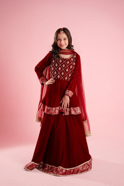 Maroon Embroidered Flared Festive Dress