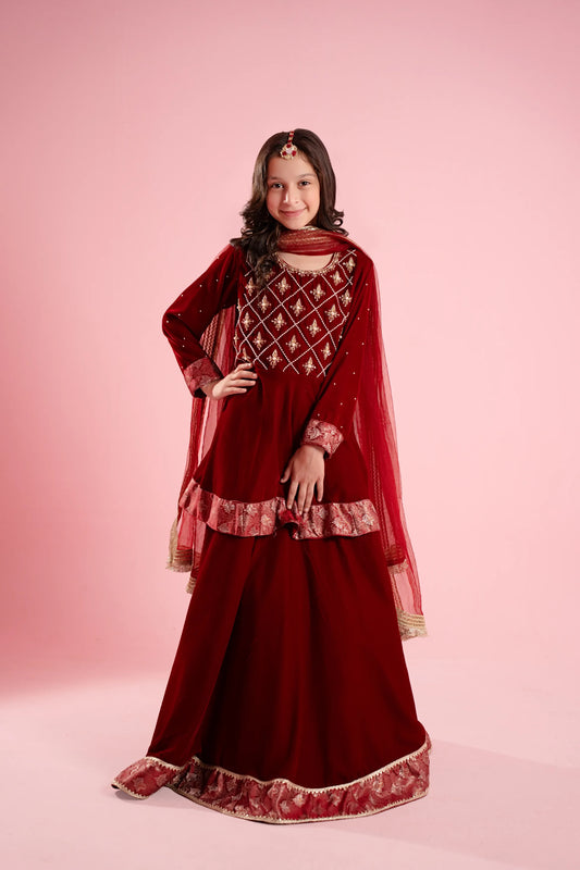 Maroon Embroidered Flared Festive Dress