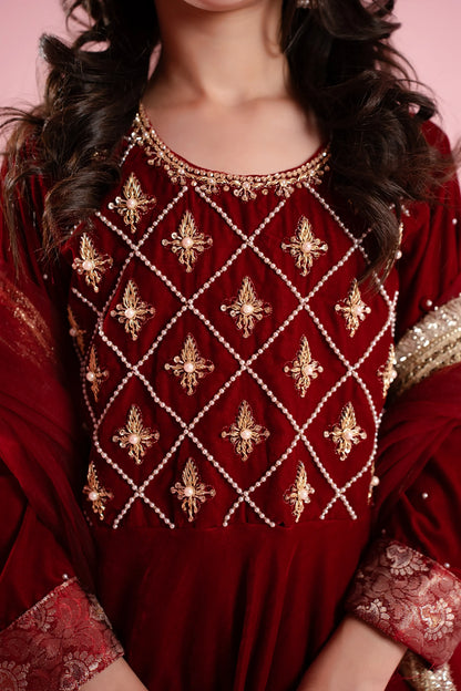 Maroon Embroidered Flared Festive Dress