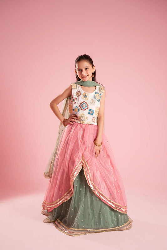 Pink & Sage Embroidered Layered Dress
