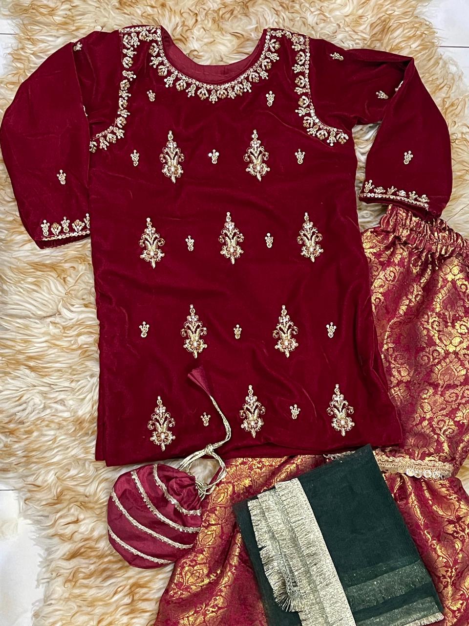 Velvet Maroon Embroidered Festive Set