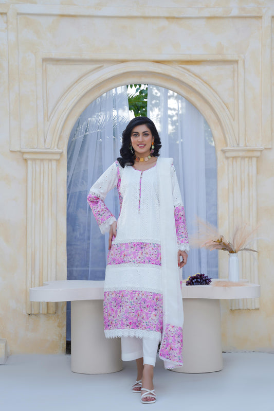 Elegant chikankari Lawn 3-Piece Suit With Chiffon Dupatta
